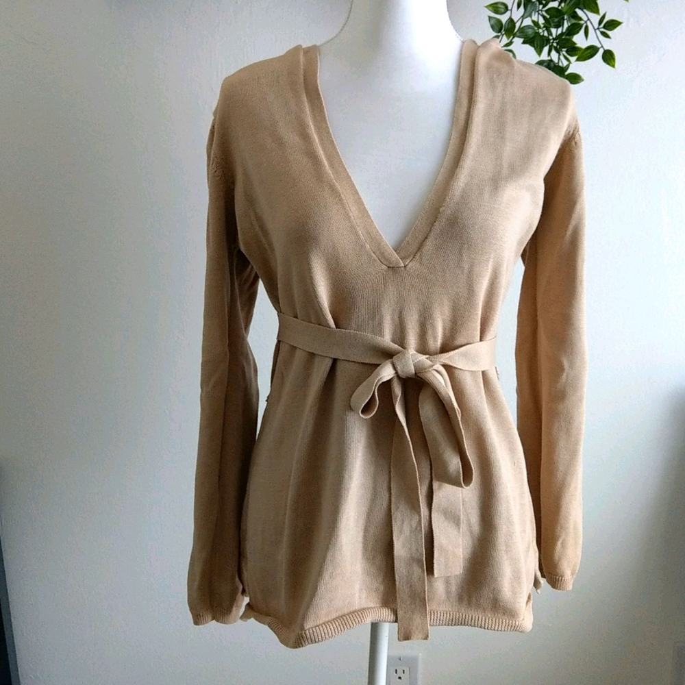 Tan hooded Deep V Neck with tie belt